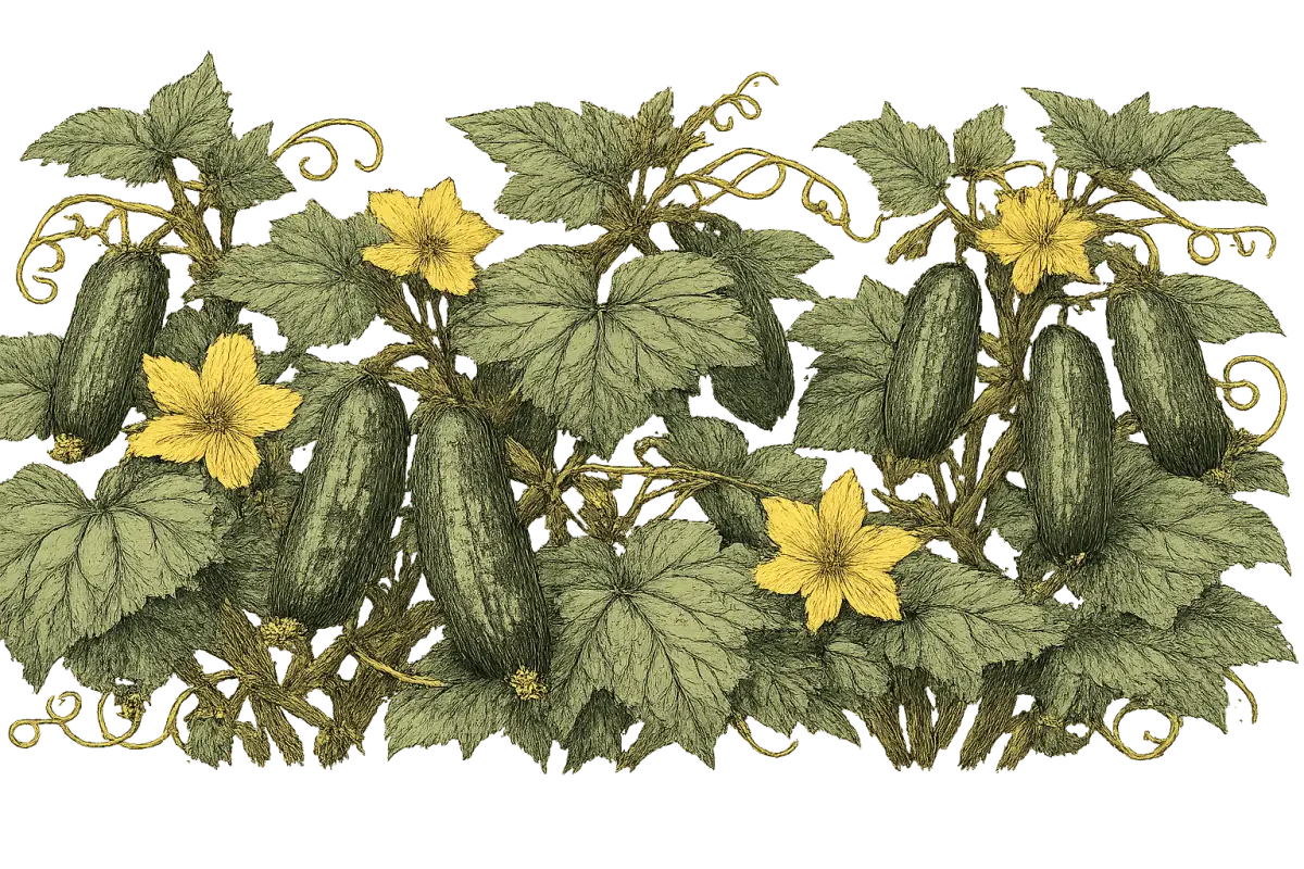 How to grow cucumbers — vintage botanical illustration showing the plant in detail