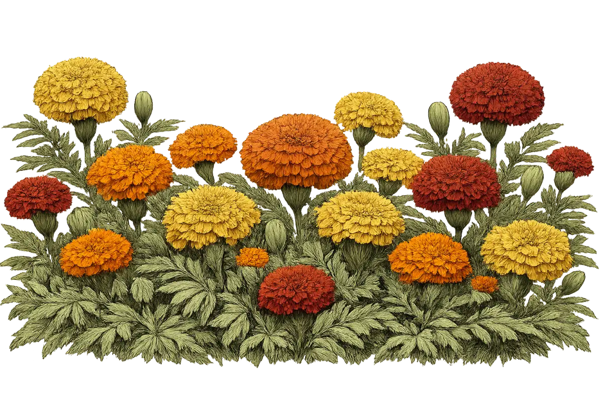 How to grow marigolds — vintage botanical illustration showing the plant in detail
