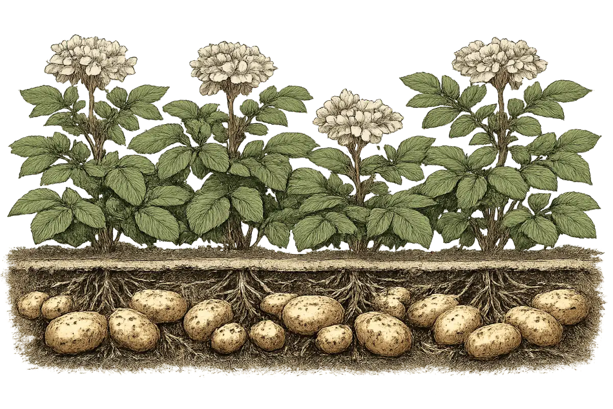 How to grow potatoes — vintage botanical illustration showing the plant in detail