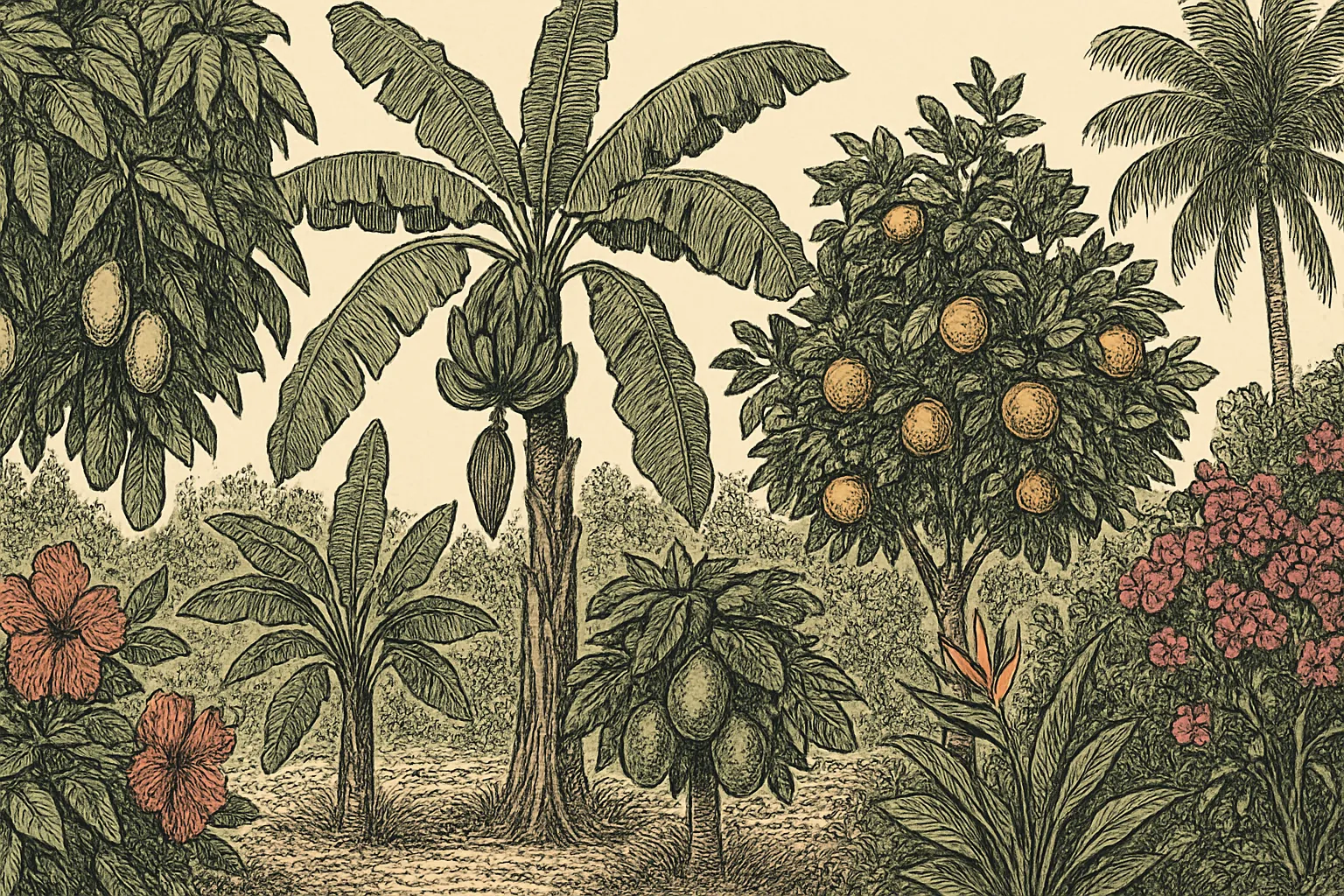 USDA Zone 10 illustrated tropical garden with mango tree, banana trees, papaya, citrus, hibiscus, bougainvillea, and coconut palm