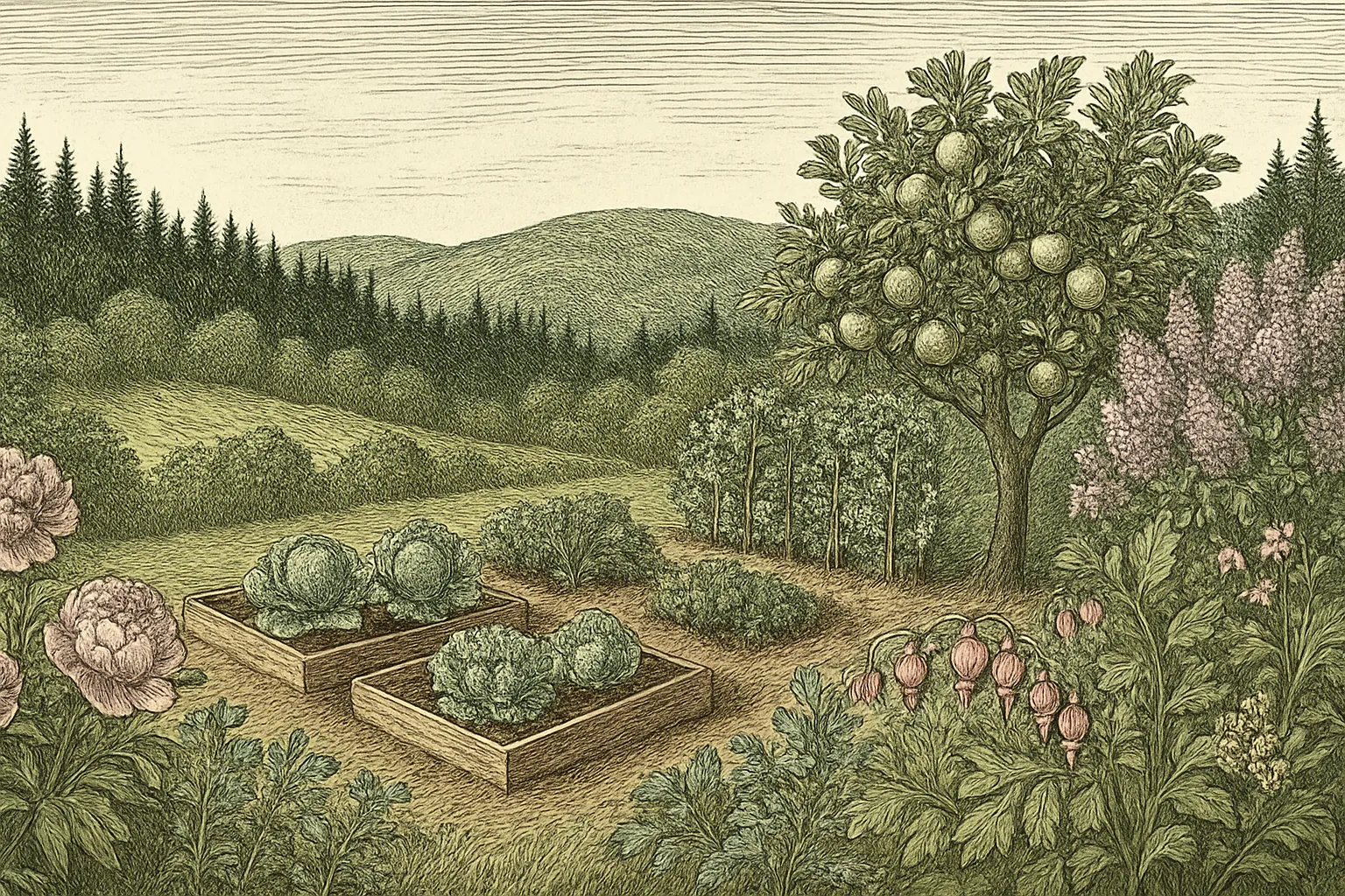 USDA Zone 3 illustrated garden with hardy apple trees, lilac shrubs, cold-hardy vegetables, and peonies in a northern boreal landscape