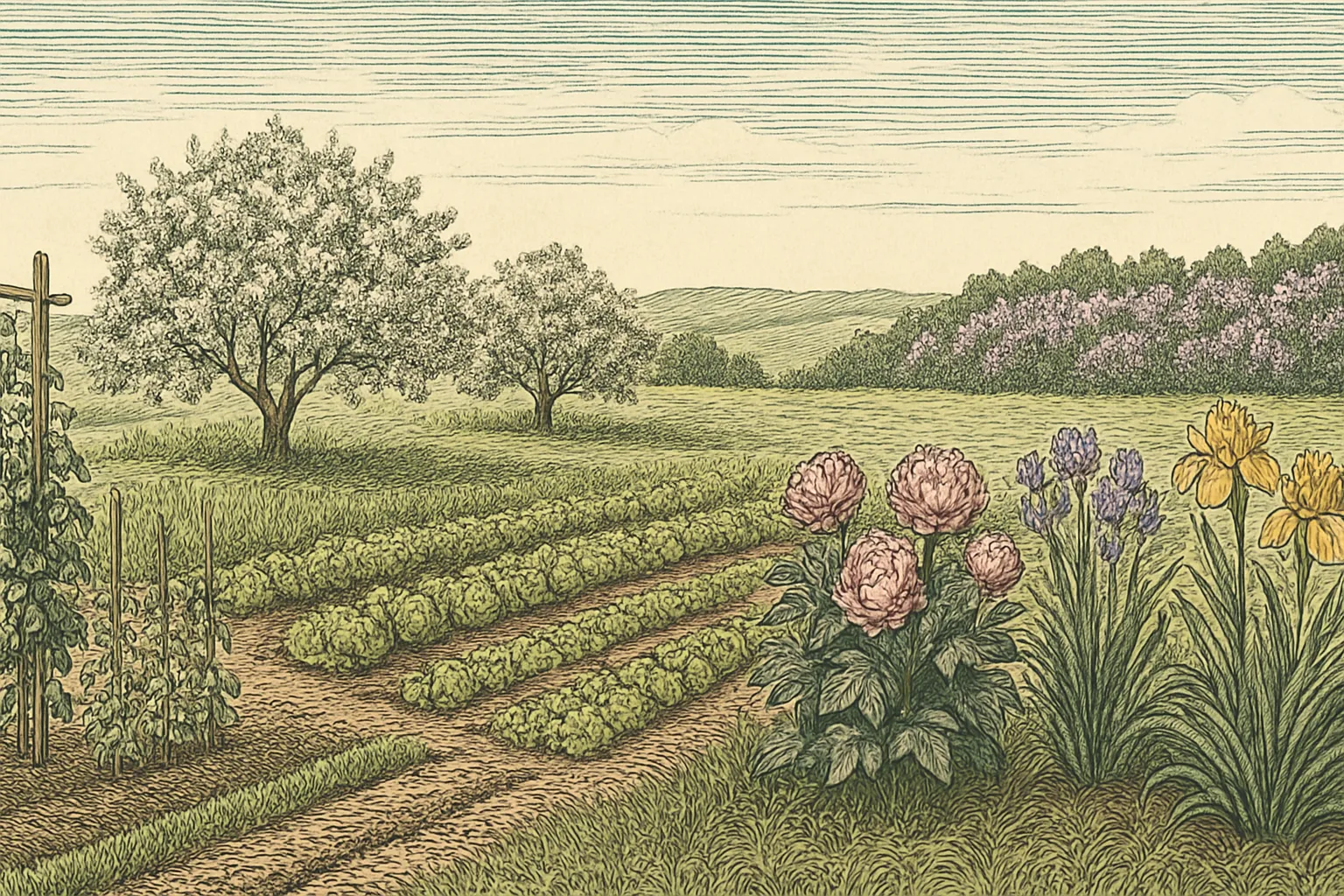 USDA Zone 4 illustrated northern prairie garden with tomatoes, apple orchard in bloom, iris, daylilies, and lilac hedge