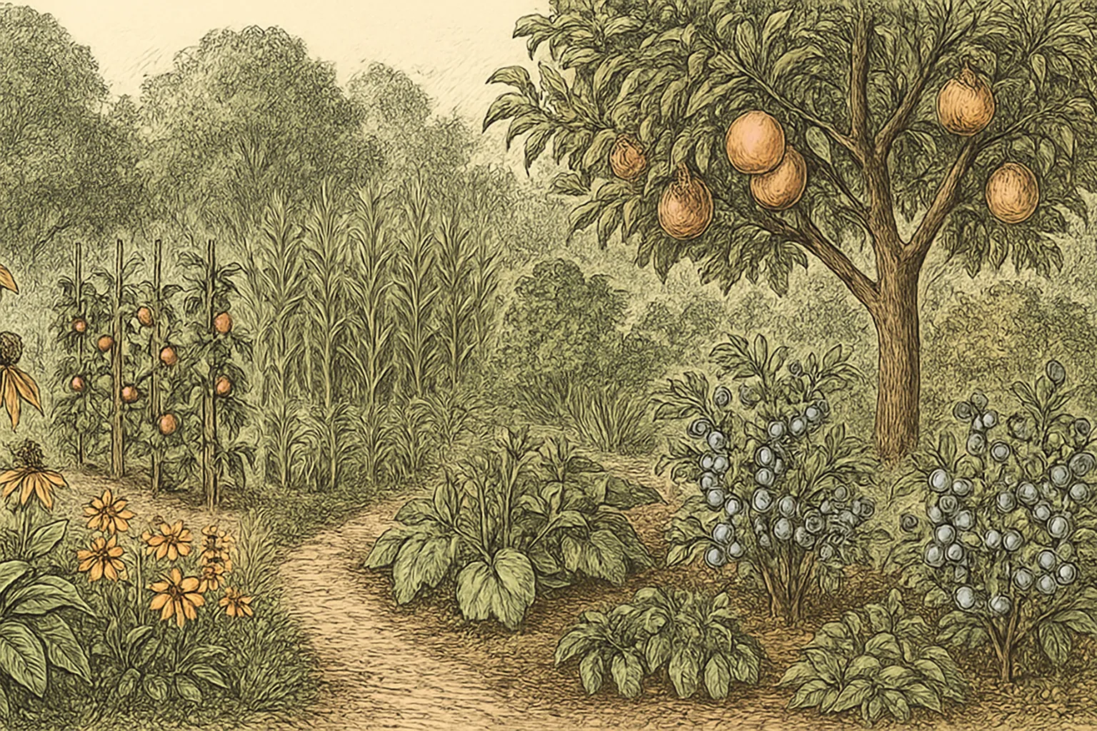 USDA Zone 5 illustrated midwestern garden with tomatoes, blueberry bushes, peach tree, coneflowers, black-eyed Susans, and hostas