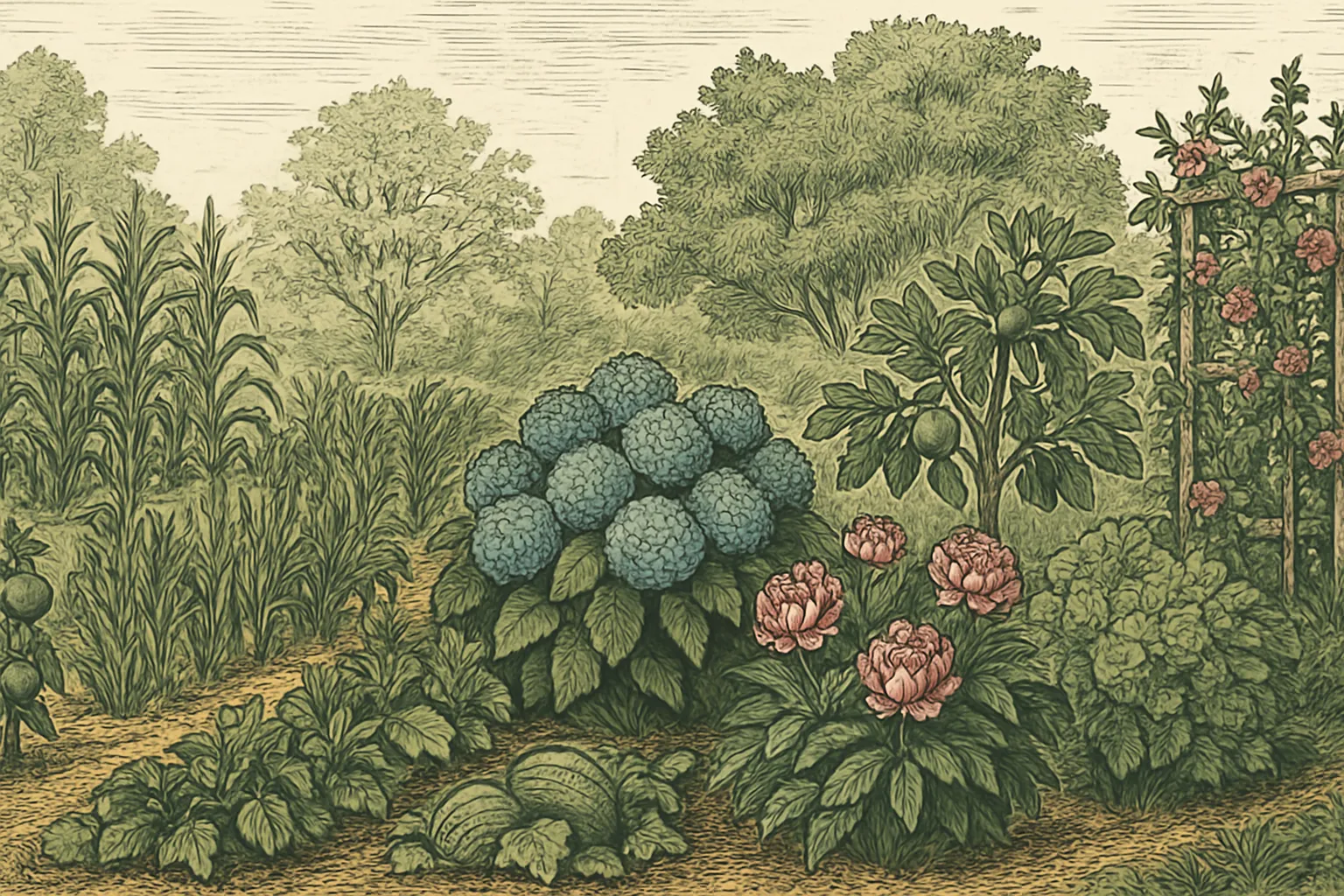 USDA Zone 6 illustrated mid-Atlantic garden with hydrangeas, peonies, fig tree, climbing roses, and dogwood in full bloom