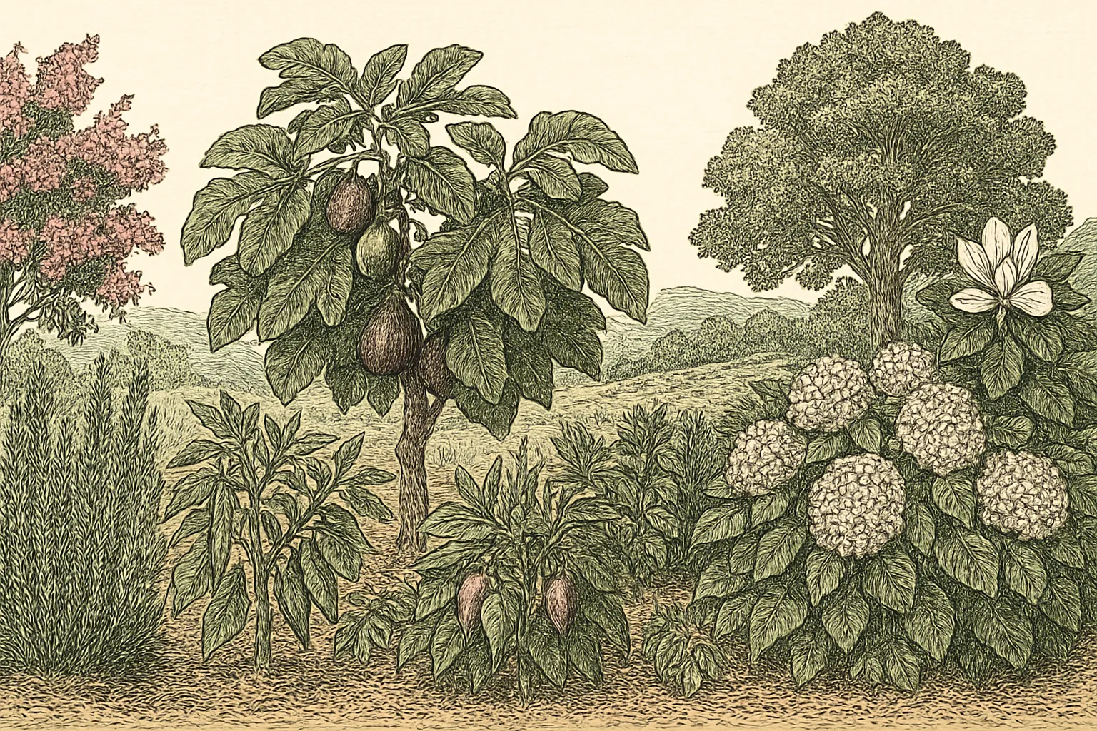 USDA Zone 7 illustrated upland Southern garden with crepe myrtle, fig tree, lavender, rosemary, magnolia, and hydrangeas