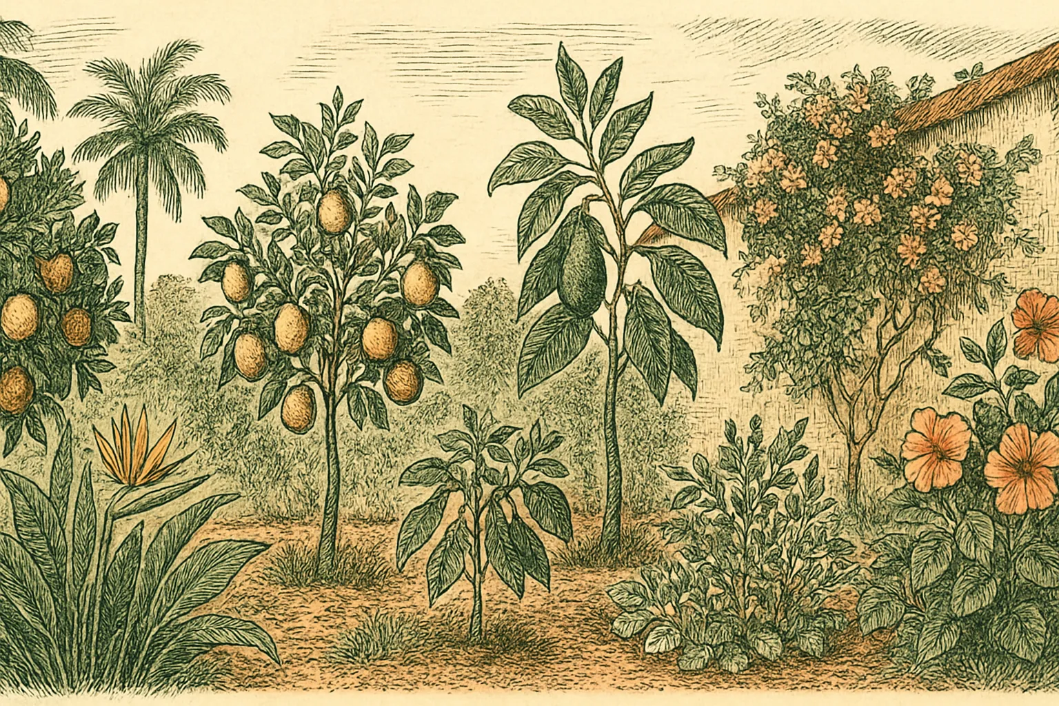 USDA Zone 9 illustrated subtropical garden with citrus grove, young avocado tree, bougainvillea, bird of paradise, hibiscus, and palm trees